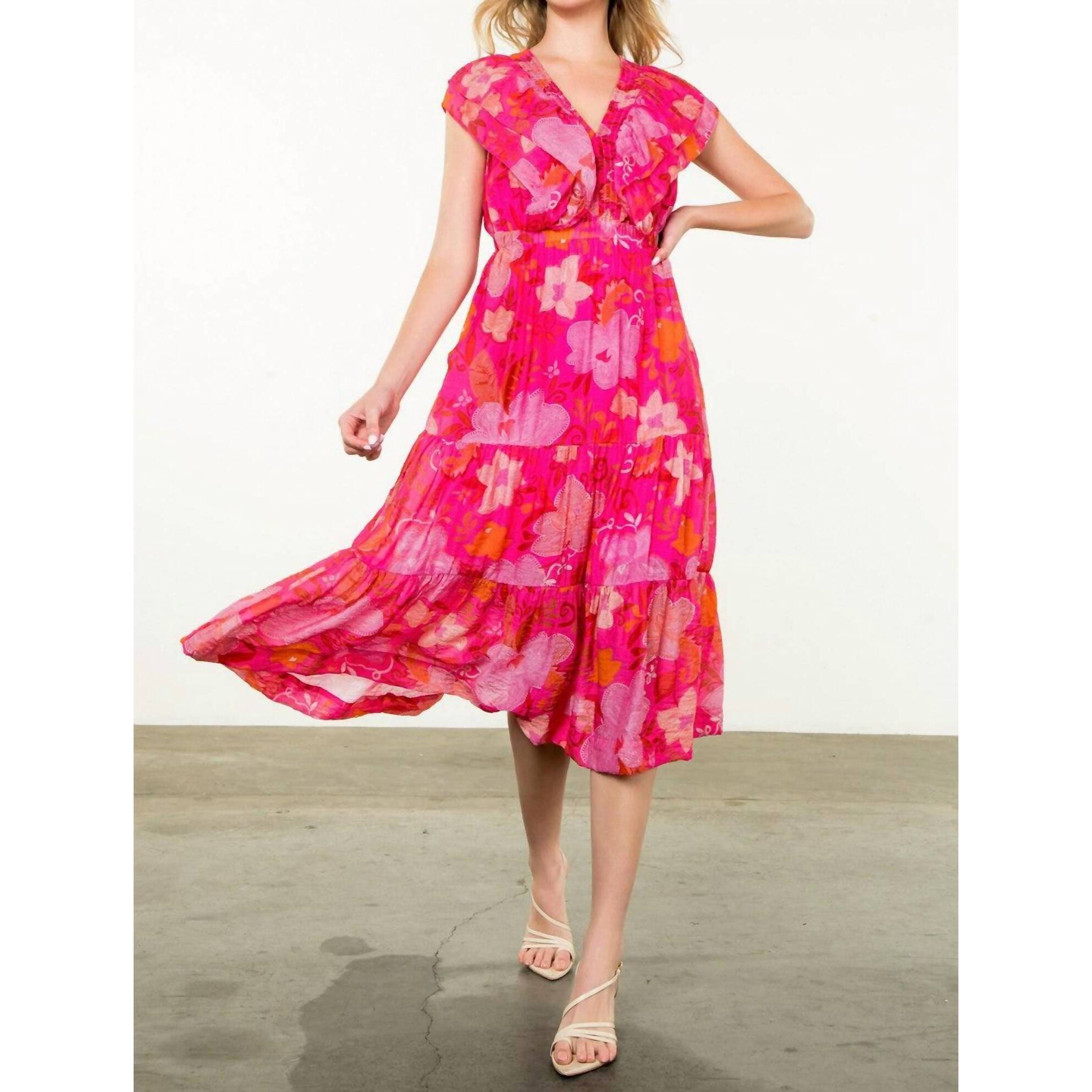 New Thml Franny Flutter Sleeve Floral Dress In Fuchsia